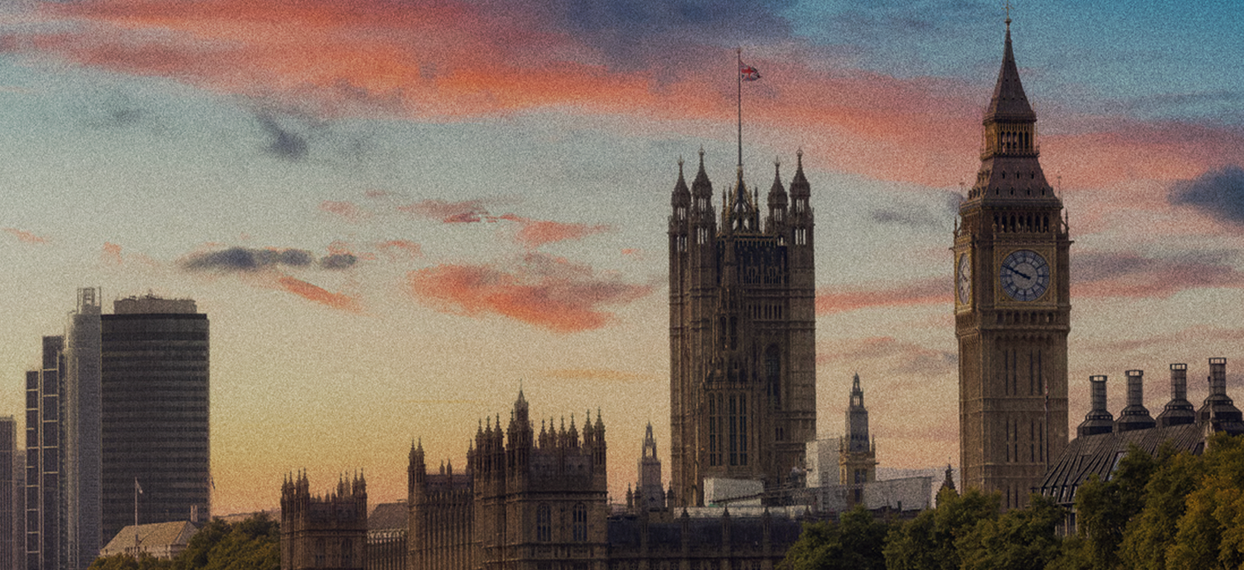 The London skyline at dusk with the Houses of Parliament and Big Ben